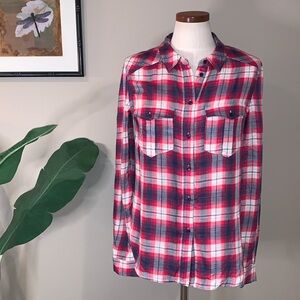 Paige Mya Flannel Plaid Button Down Top, Red Blue & Cream, Size S